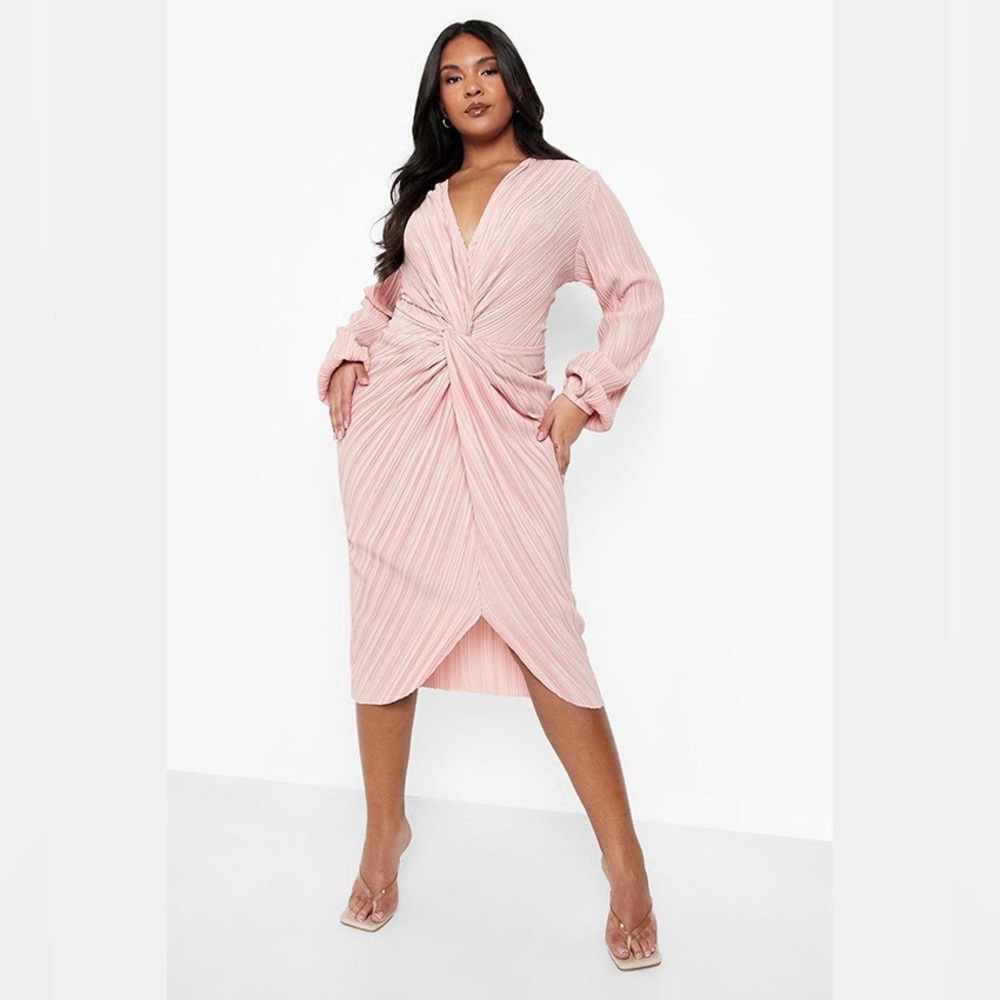 boohoo Plus Plisse Twist Front Midi Shirt Dress